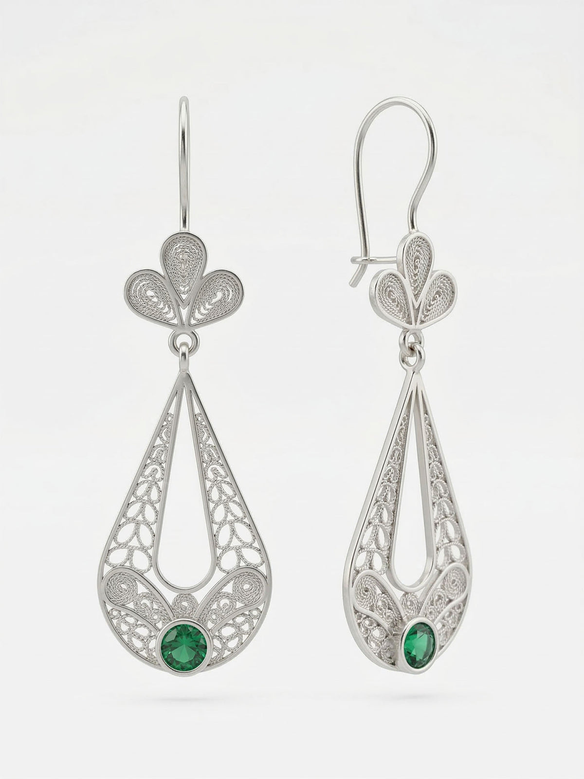 Filigree Emerald Green Tulip Teardrop Drops in 925 sterling silver - view 5