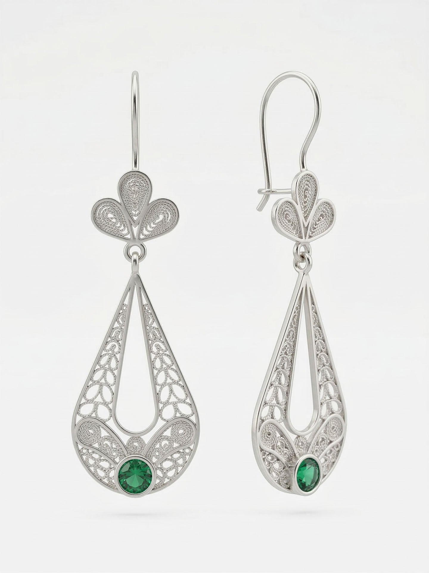 Traditional Handmade Filigree Emerald Green Tulip Charm Drop Earrings Silver
