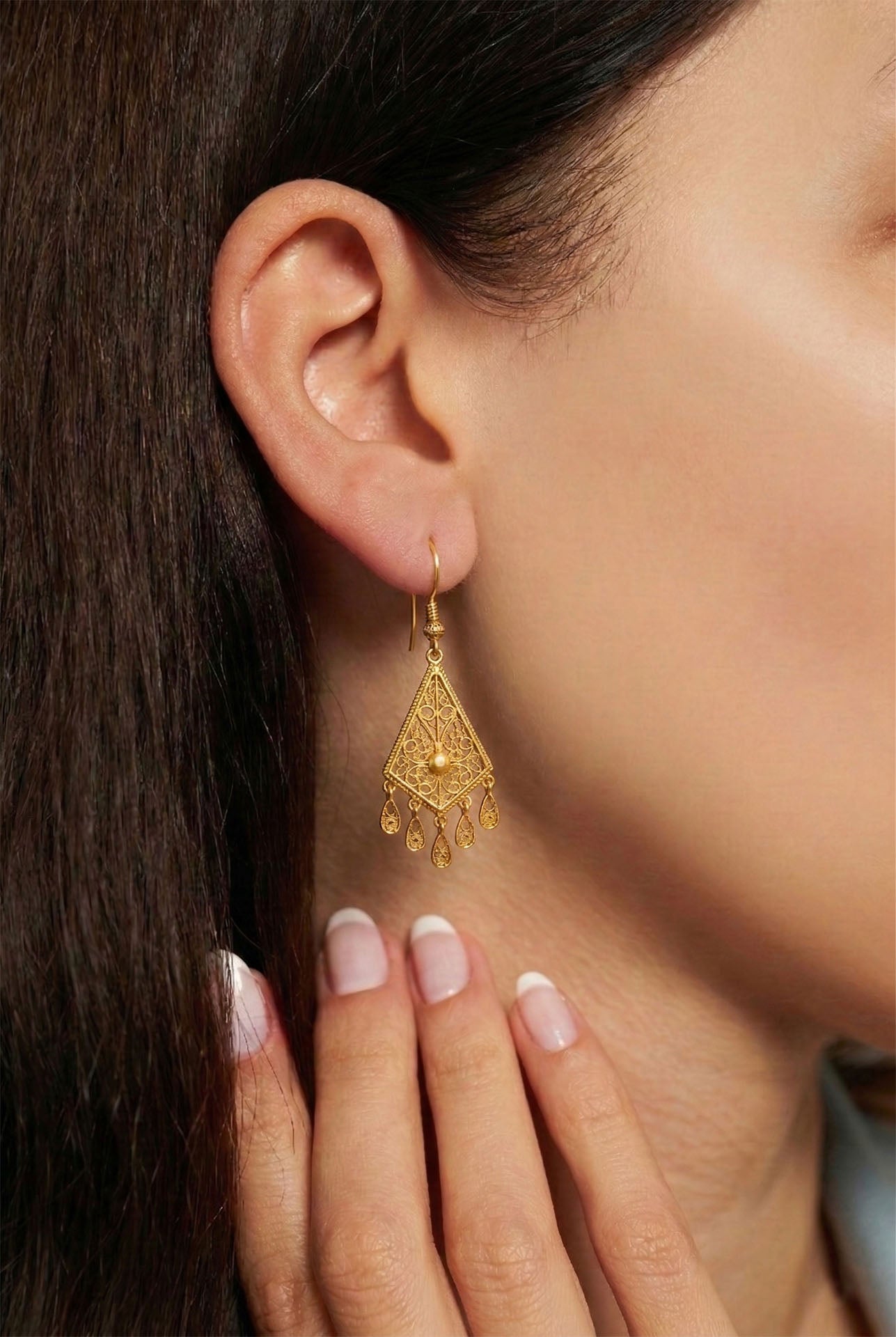 Traditional Filigree Diamond-Cut Tassel Chic Drop Earrings Gold Plated Silver
