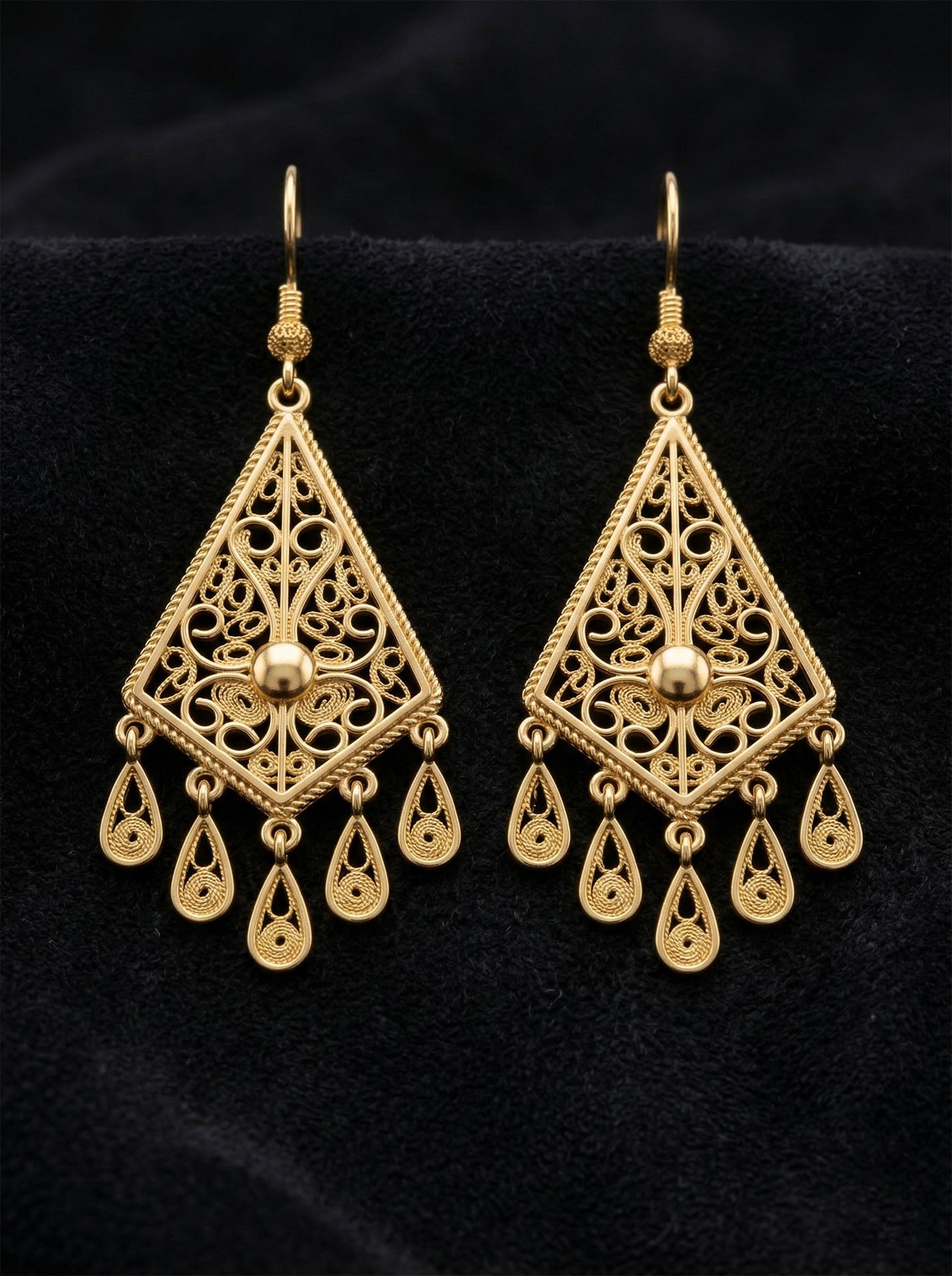 Traditional Filigree Diamond-Cut Tassel Chic Drop Earrings Gold Plated Silver