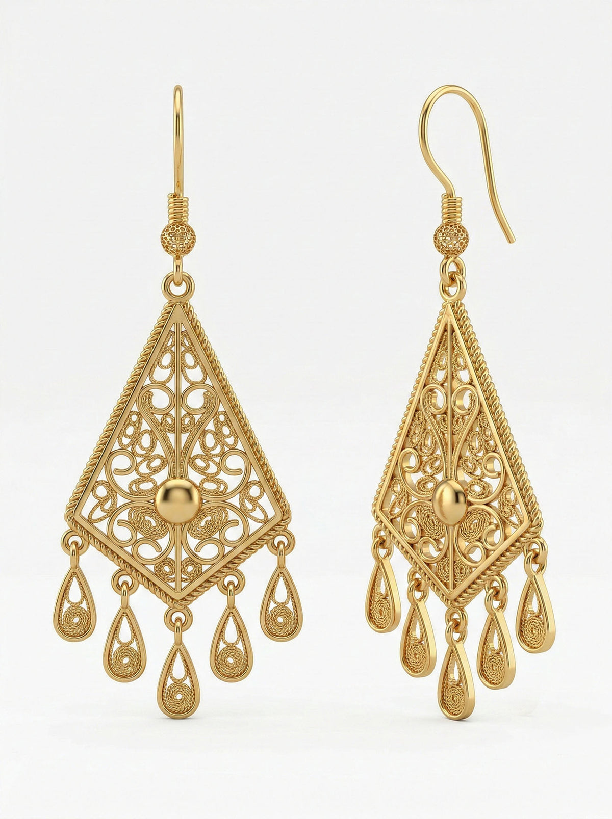 Gold Filigree Rhombus Diamond Tassel Drops in 925 sterling silver - view 4