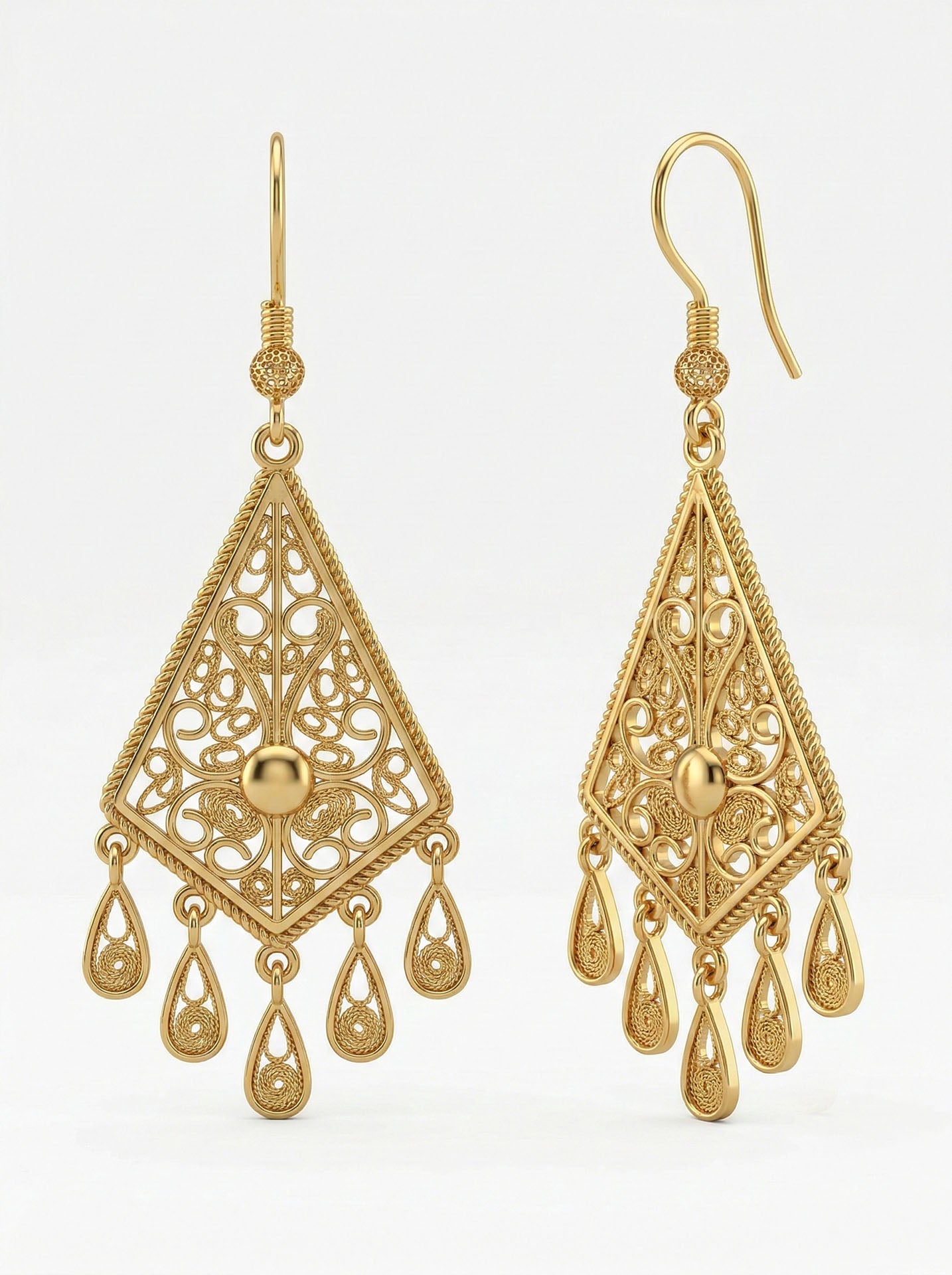 Traditional Filigree Diamond-Cut Tassel Chic Drop Earrings Gold Plated Silver