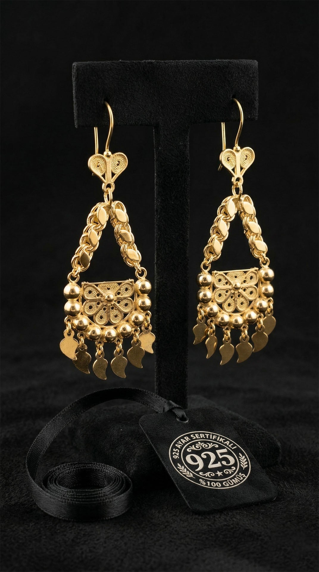 925 Sterling Silver Traditional Filigree Gold Plated Sequined Cluster Shahmaran Earrings