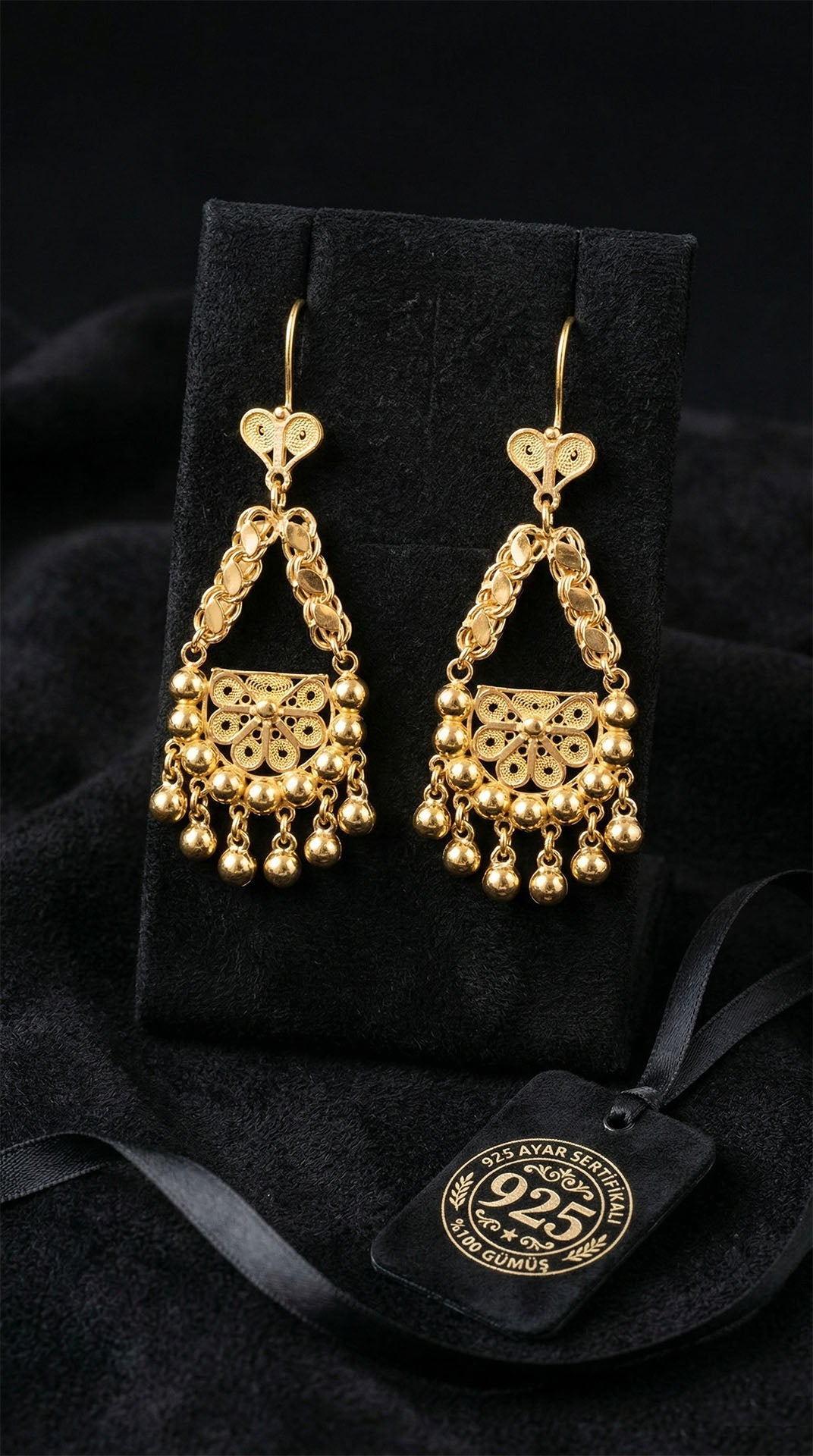 Traditional Filigree Cluster Shahmaran Earrings Gold Plated Silver