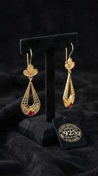 925 Sterling Silver Traditional Filigree Gold Plated Ruby-Colored Stone Tulip Figured Teardrop Dangle Earrings