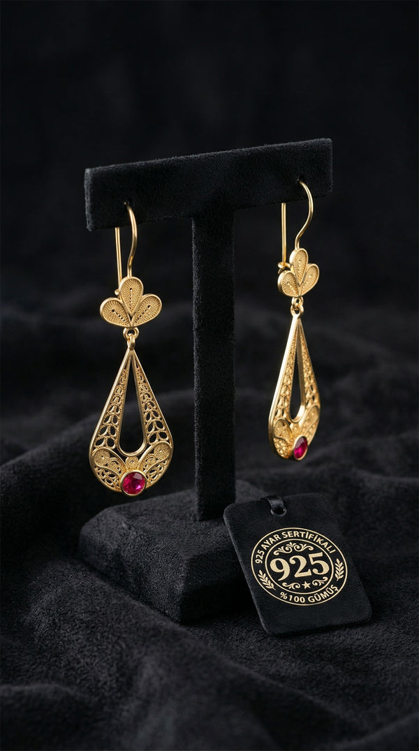 925 Sterling Silver Traditional Filigree Gold Plated Ruby-Colored Stone Tulip Figured Teardrop Dangle Earrings