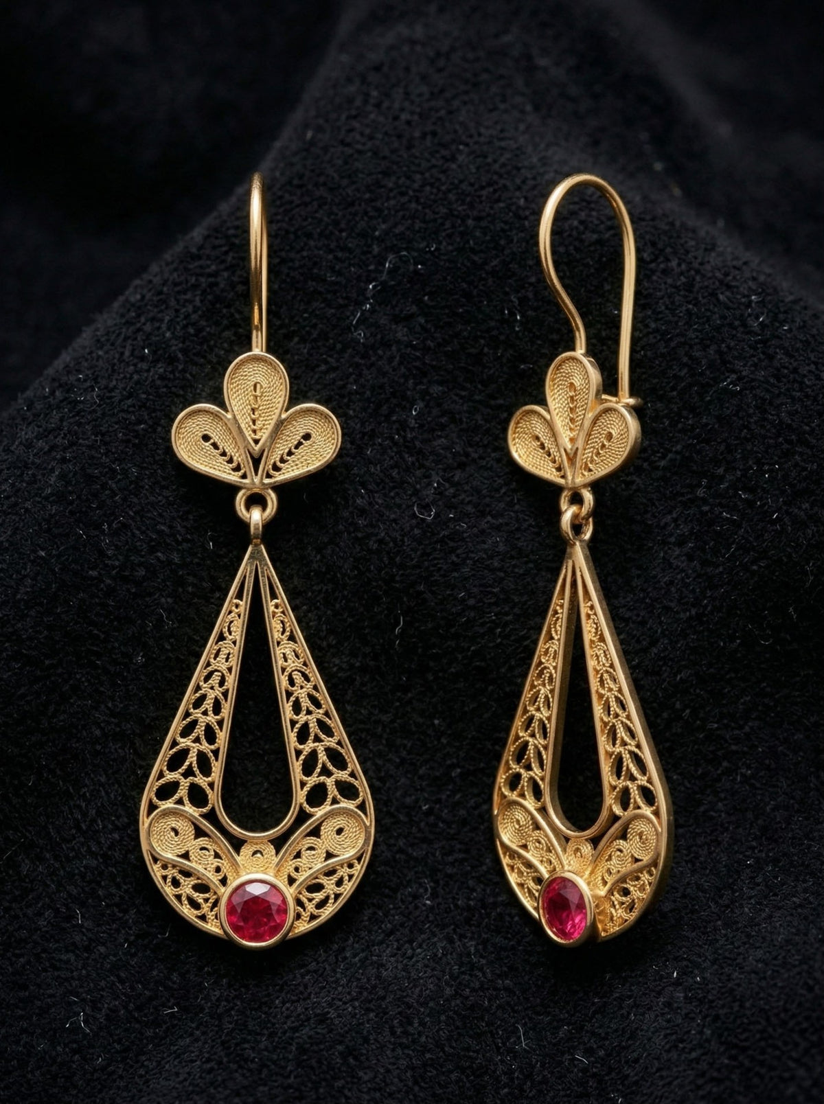 Gold Filigree Ruby Red Tulip Teardrop Drops in 925 sterling silver - view 4