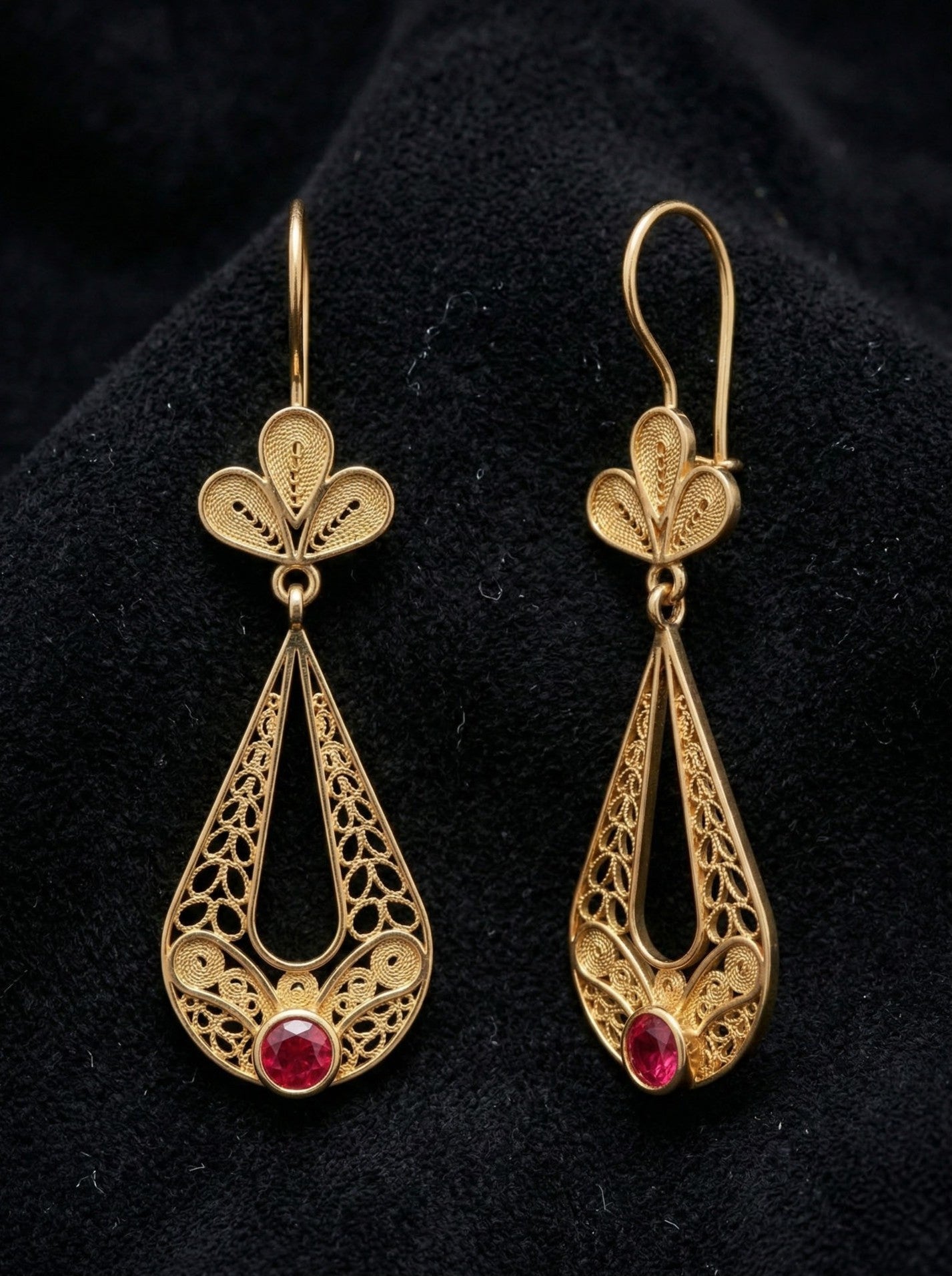 Traditional Filigree Ruby Tulip Charm Drop Dangle Earrings Gold Plated Silver
