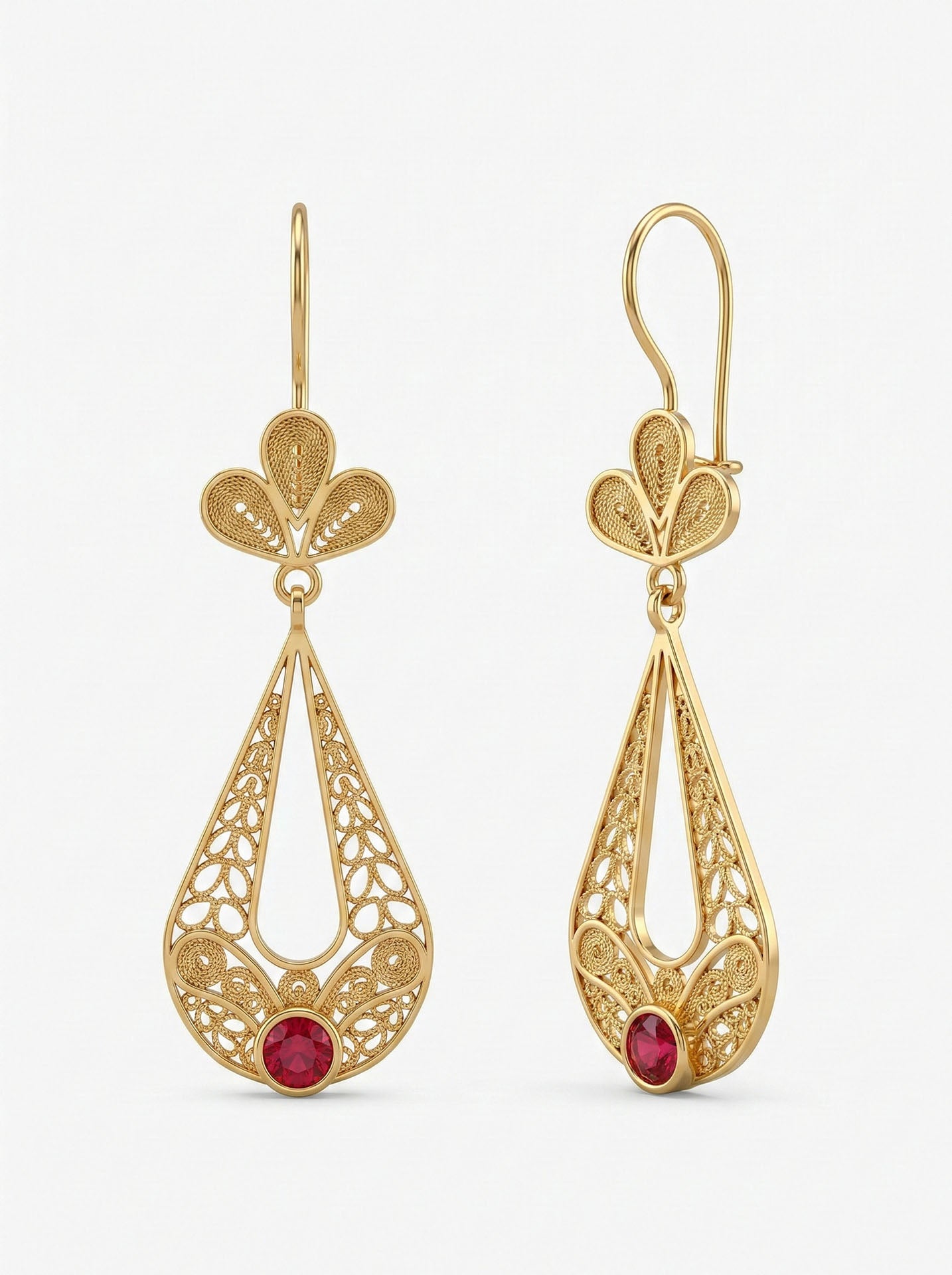 Traditional Filigree Ruby Tulip Charm Drop Dangle Earrings Gold Plated Silver