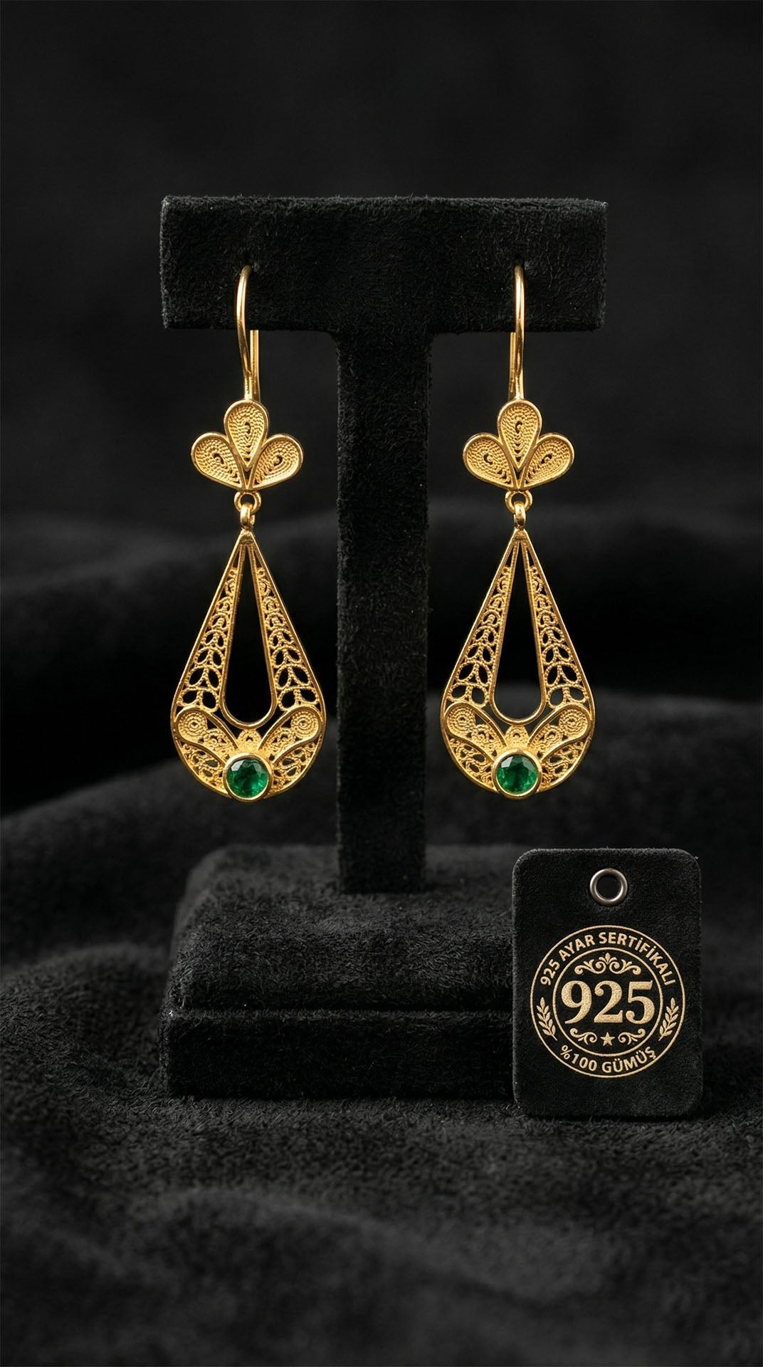 925 Sterling Silver Traditional Filigree Gold Plated Emerald Green Stone Tulip Figured Teardrop Earrings