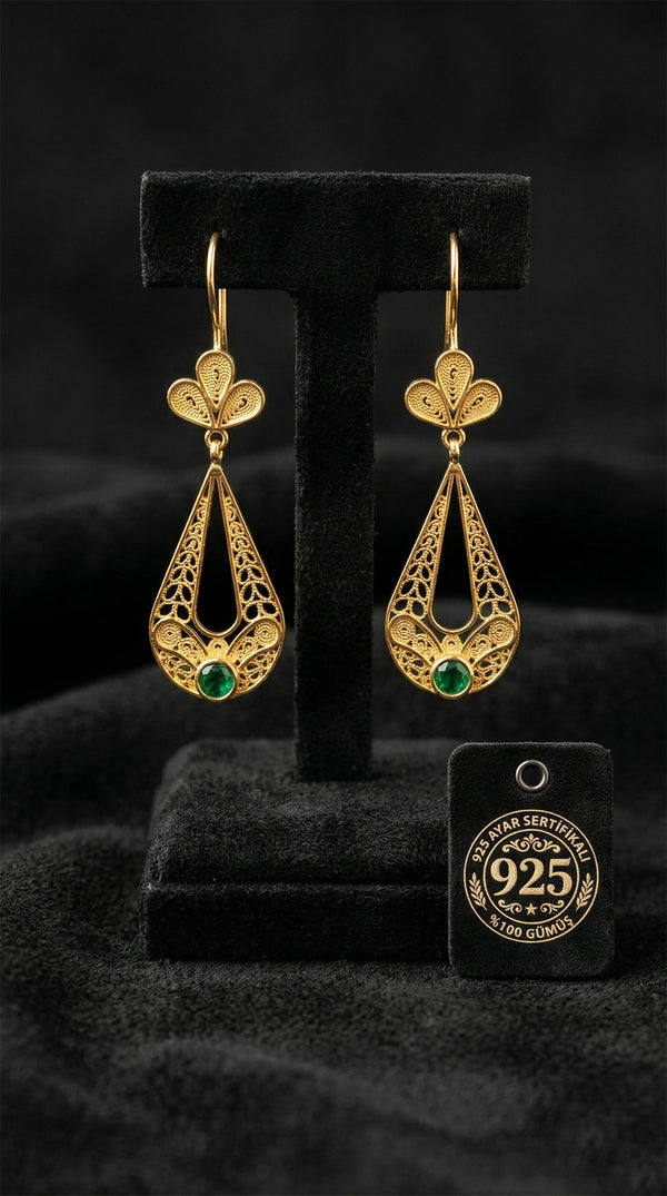 925 Sterling Silver Traditional Filigree Gold Plated Emerald Green Stone Tulip Figured Teardrop Earrings