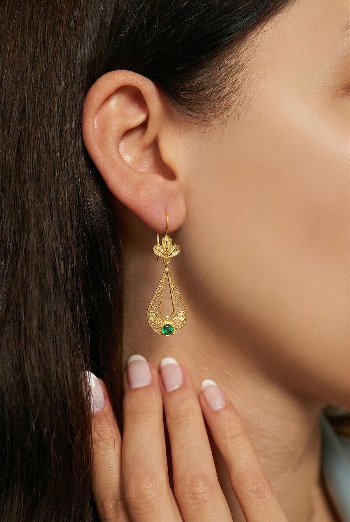 Gold Filigree Emerald Green Tulip Drops in 925 sterling silver - view 2