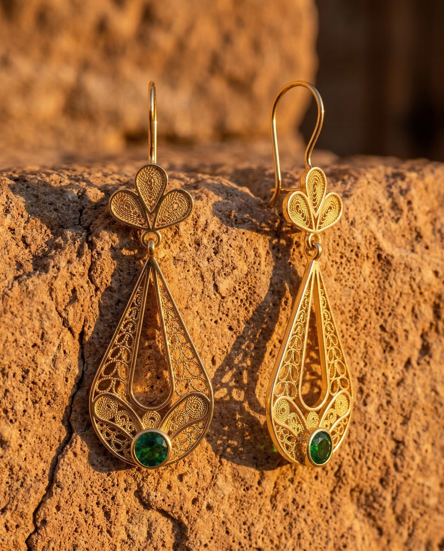 Traditional Filigree Emerald Green Tulip Charm Drop Earrings Gold Plated Silver