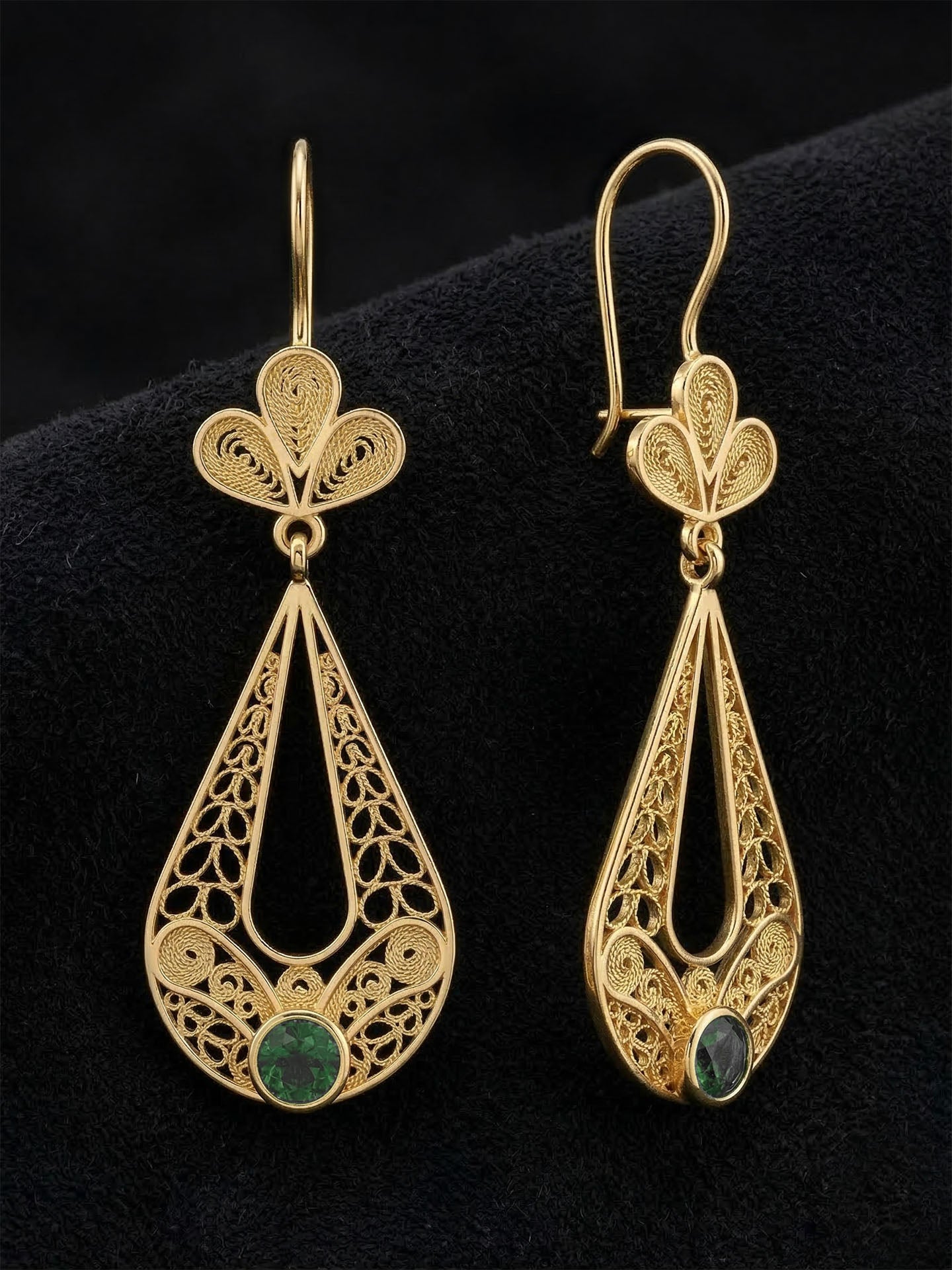 Traditional Filigree Emerald Green Tulip Charm Drop Earrings Gold Plated Silver