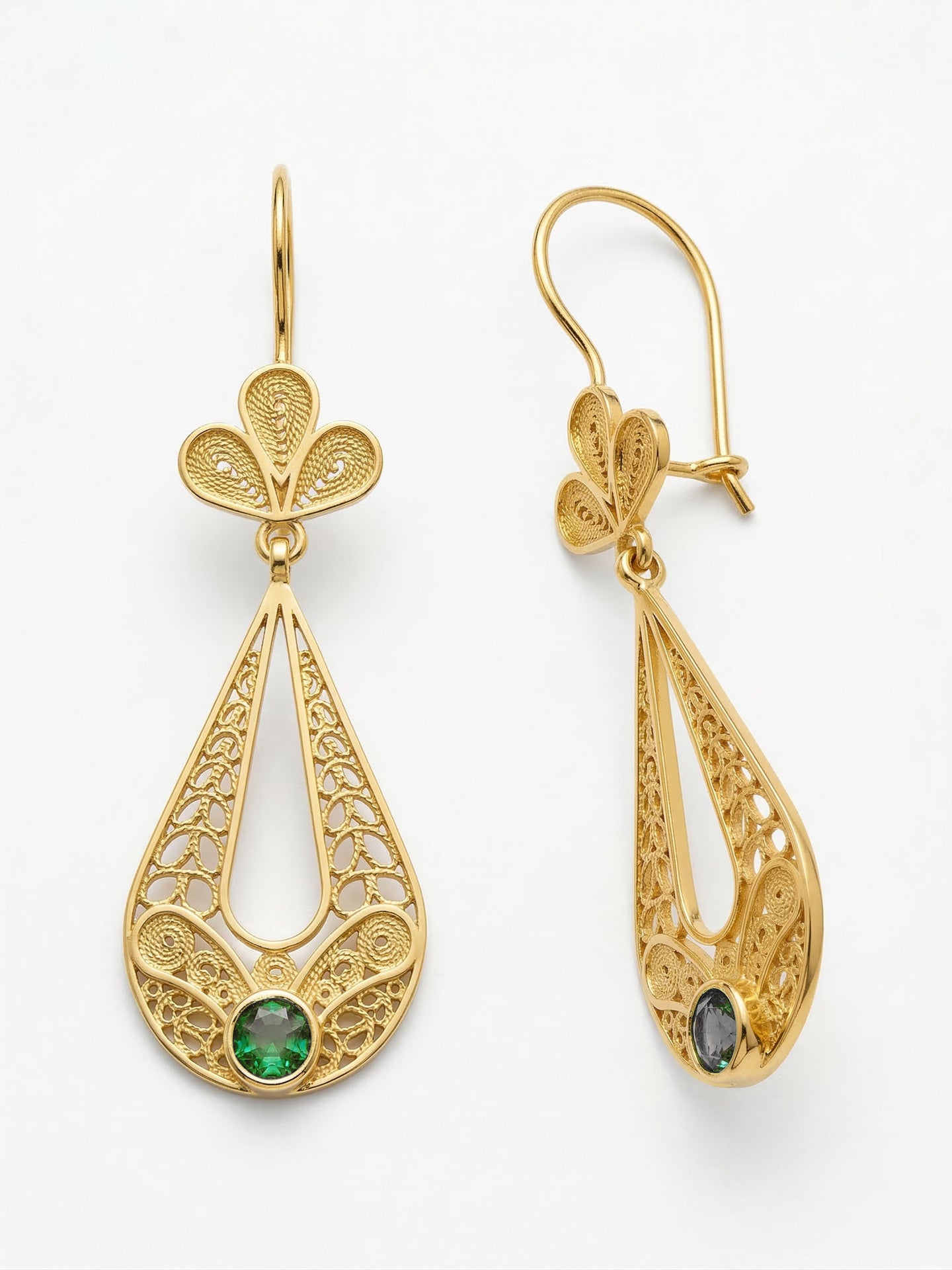 Traditional Filigree Emerald Green Tulip Charm Drop Earrings Gold Plated Silver