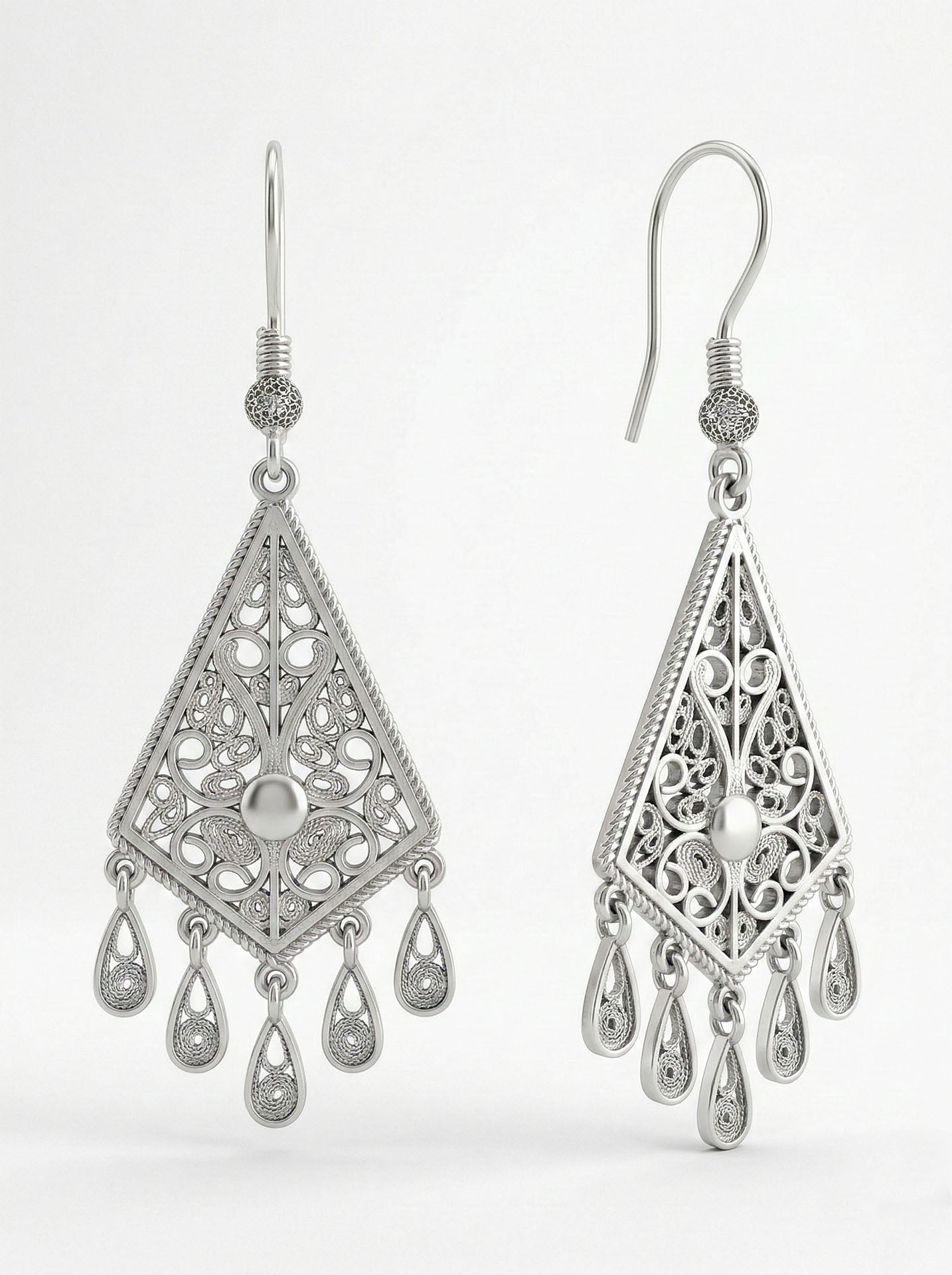 Traditional Filigree Diamond-Cut Tassel Chic Drop Earrings Silver