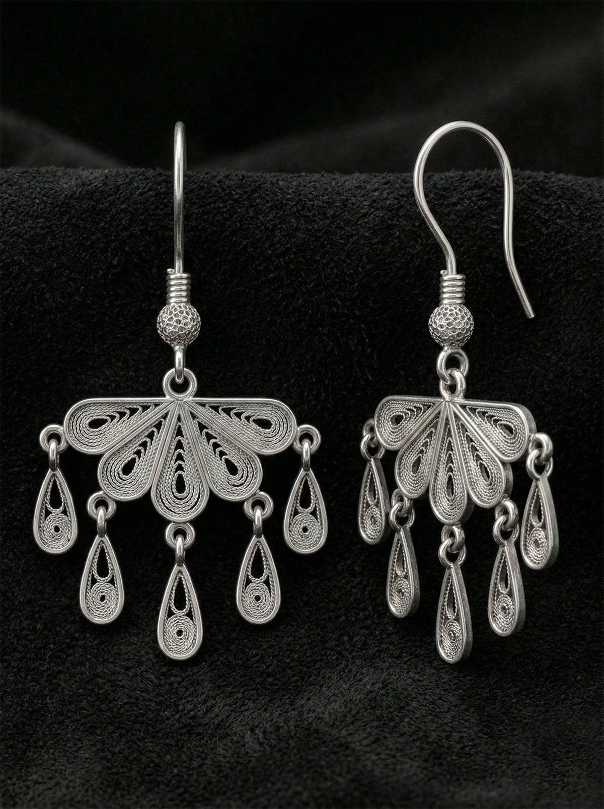 Filigrane Fächer-Ohrhänger mit Tropfenquasten aus 925er Sterlingsilber