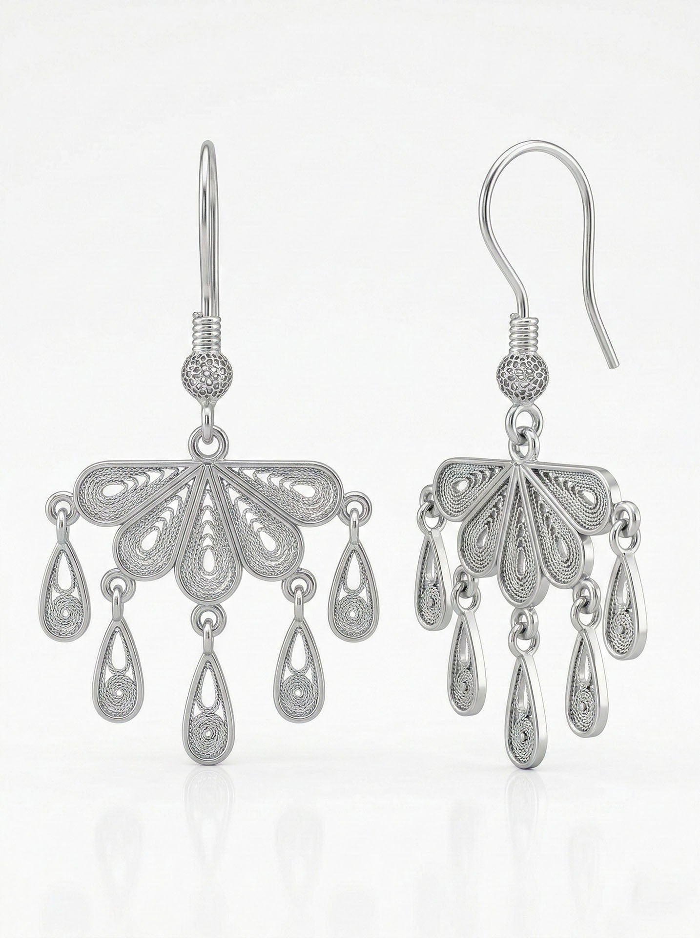Traditional Filigree Drop Tassel Fan Earrings Silver