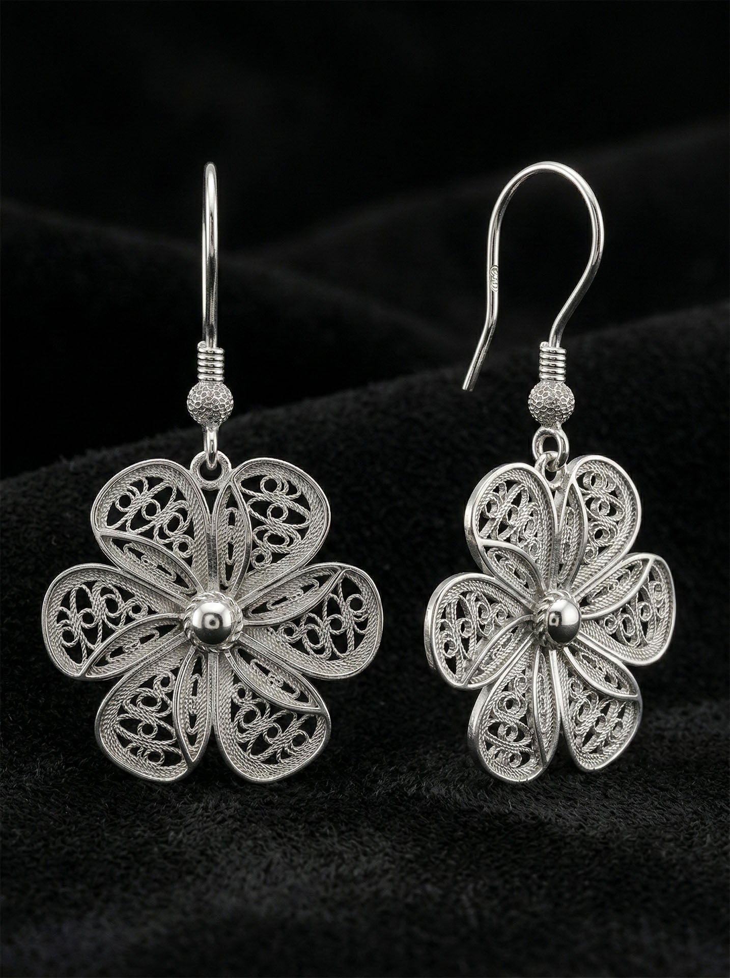 925 Sterling Silver Traditional Filigree Daisy Drop Earrings