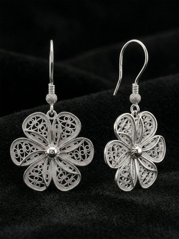 925 Sterling Silver Traditional Filigree Daisy Drop Earrings