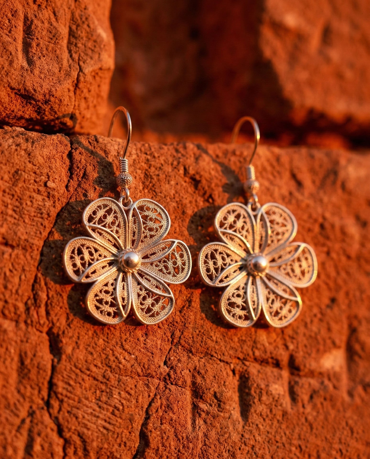 Traditional Filigree Handmade Daisy Hook Dangle Earrings Silver