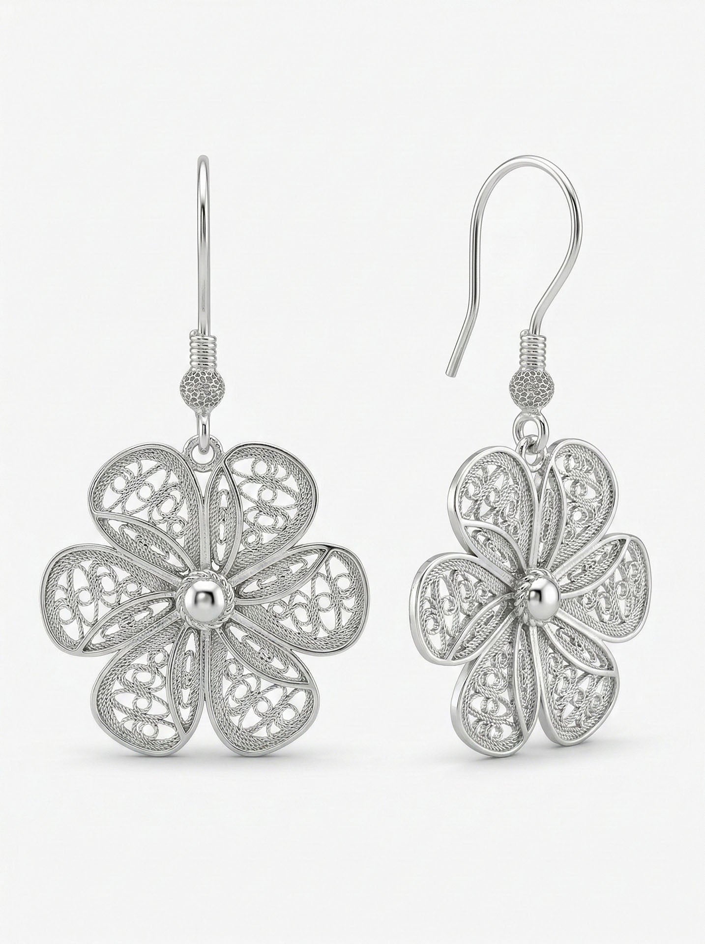 Traditional Filigree Handmade Daisy Hook Dangle Earrings Silver