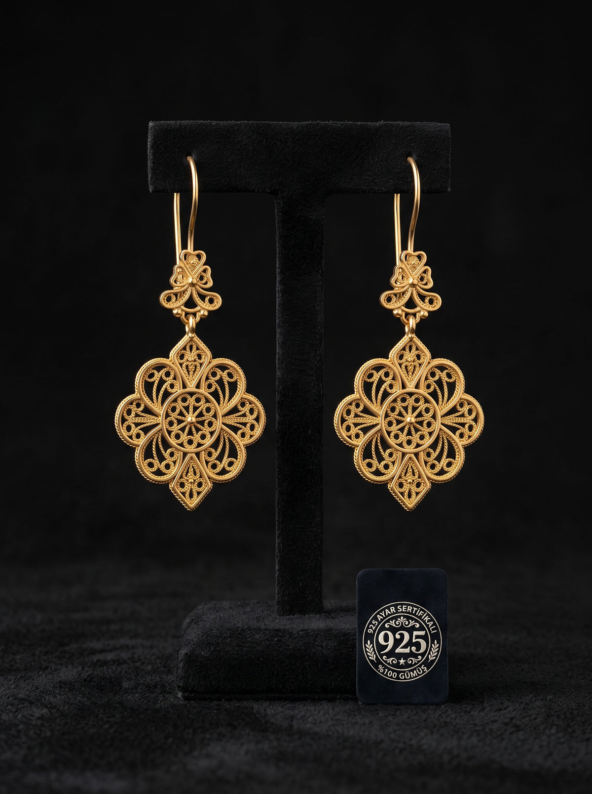 925 Sterling Silver Traditional Filigree Gold Lace Detailed Dangle Hook Earrings