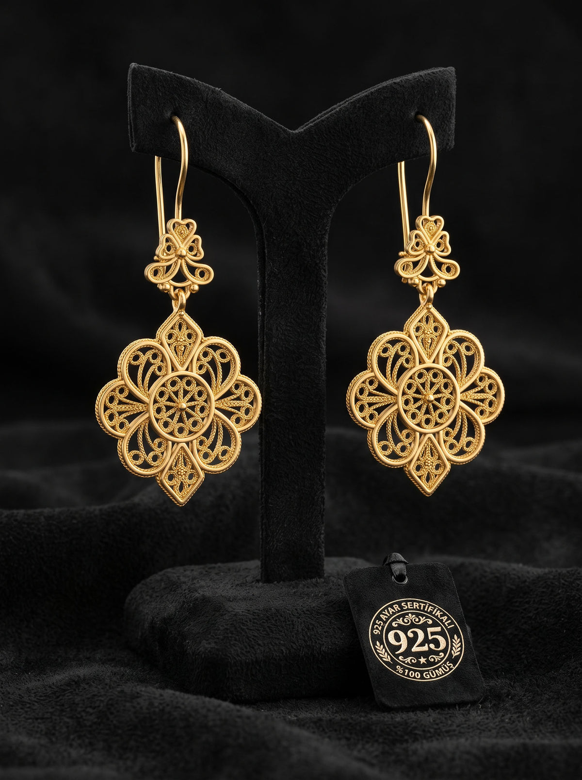 925 Sterling Silver Traditional Filigree Gold Lace Detailed Dangle Hook Earrings - view 2