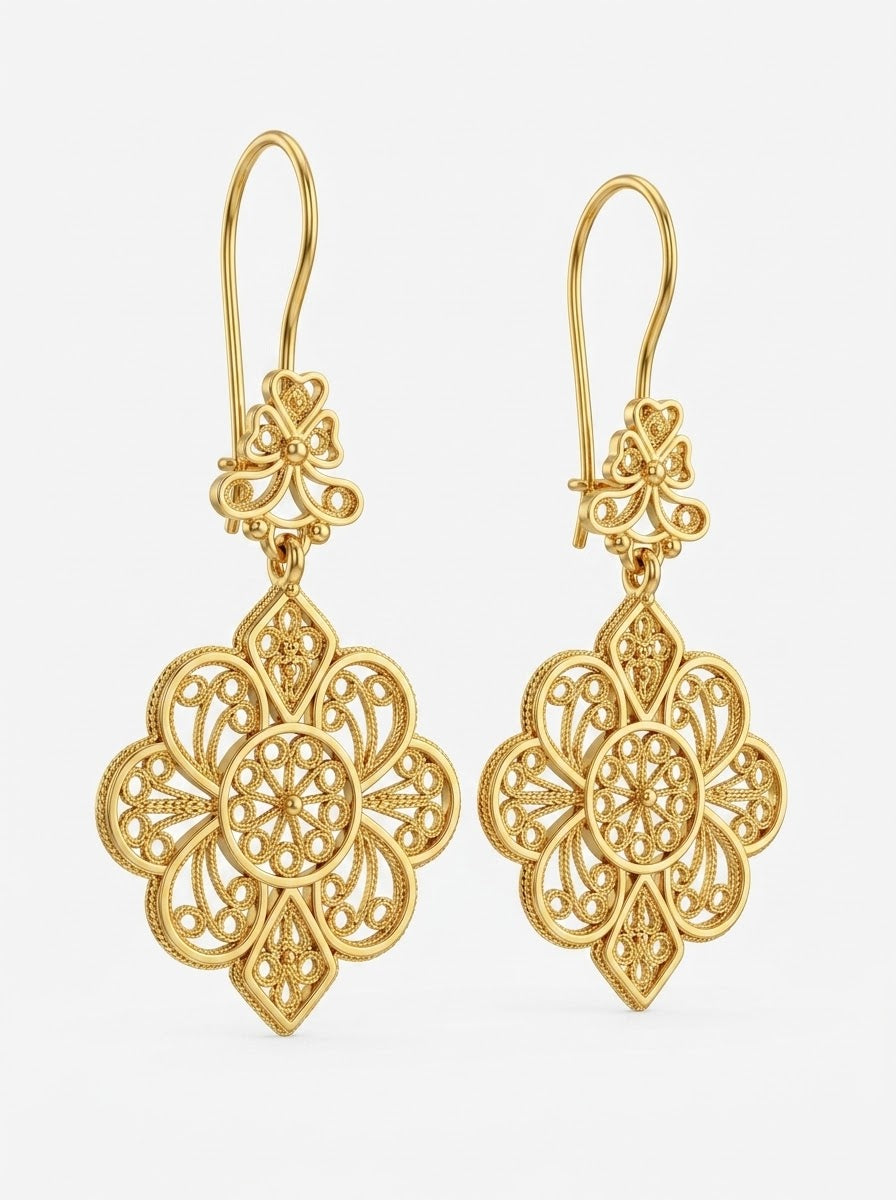 925 Sterling Silver Traditional Filigree Gold Lace Detailed Dangle Hook Earrings - view 3