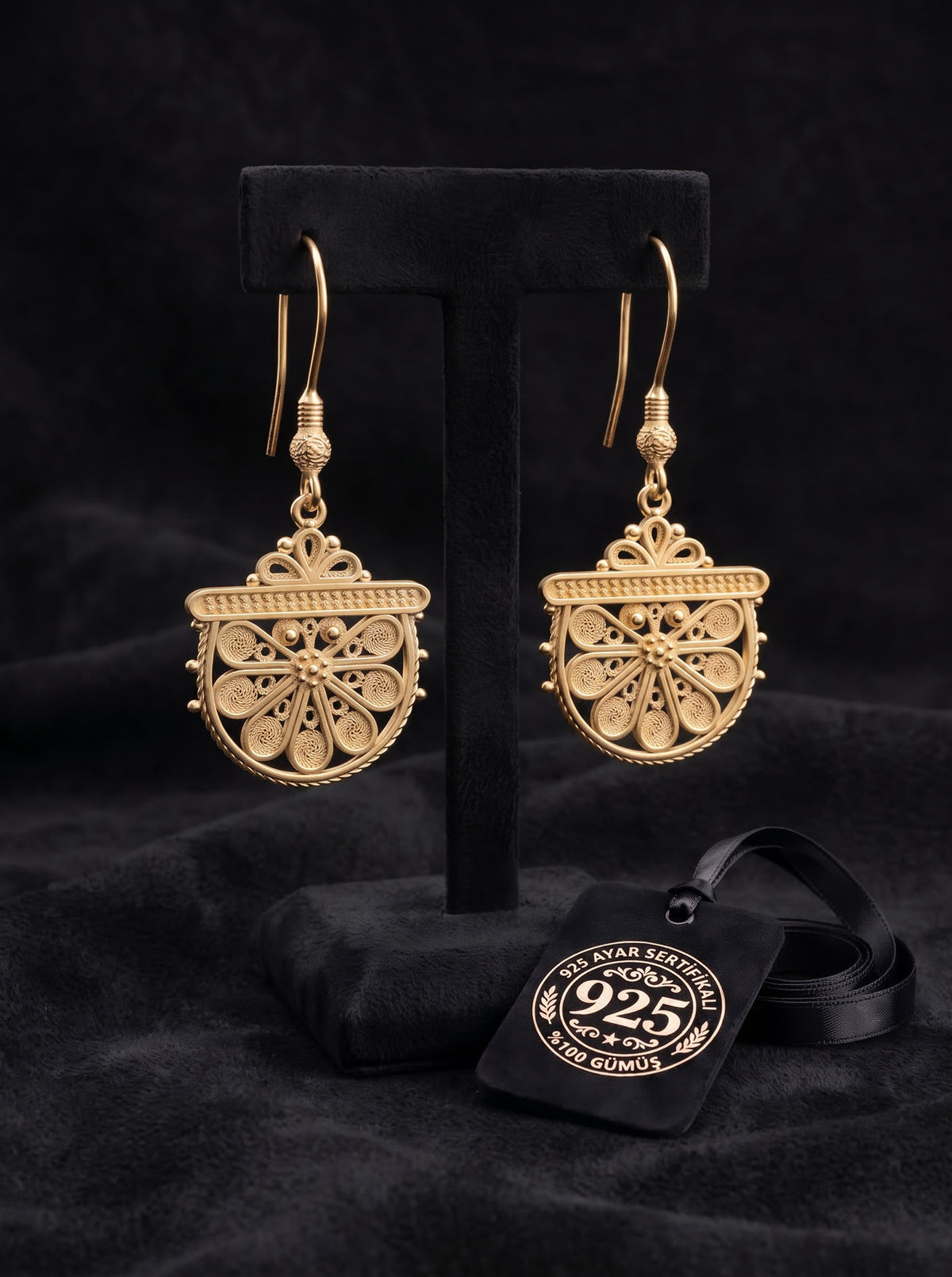 925 Sterling Silver Traditional Filigree Gold Fan Design Statement Dangle Earrings