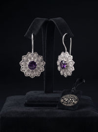 925 Sterling Silver Amethyst Daisy Filigree Dangle Earrings