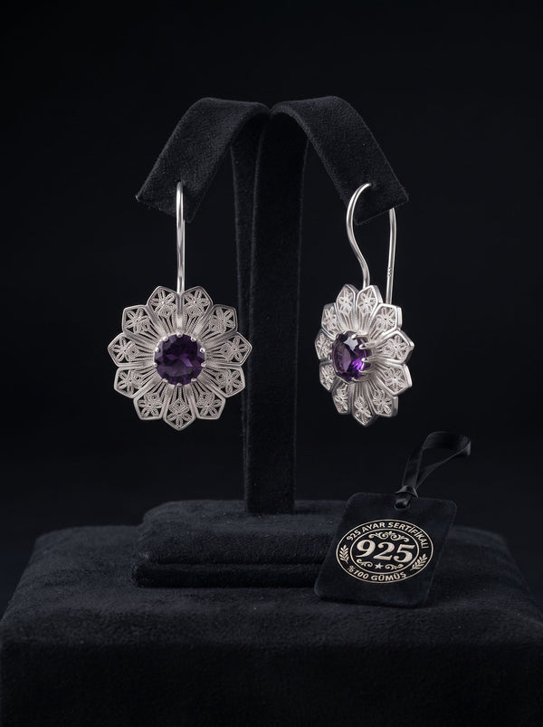 925 Sterling Silver Amethyst Daisy Filigree Dangle Earrings