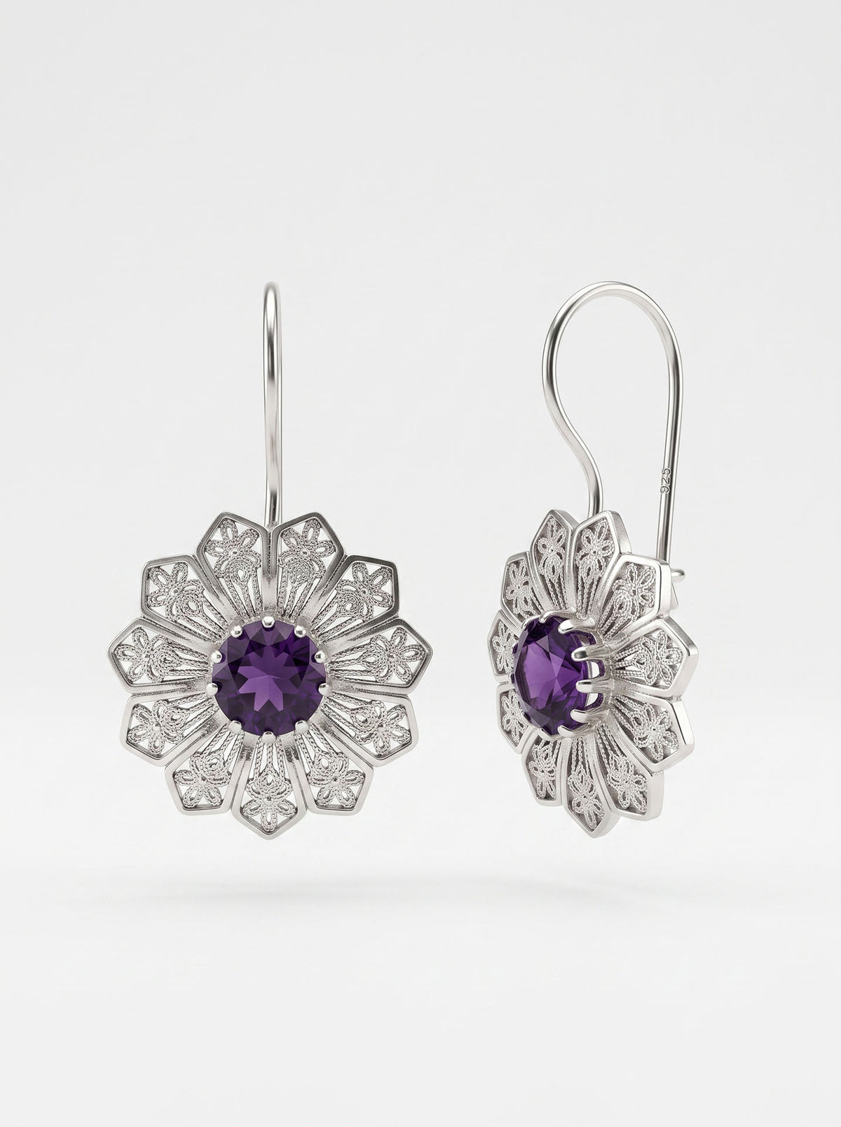925 Sterling Silver Amethyst Daisy Filigree Dangle Earrings