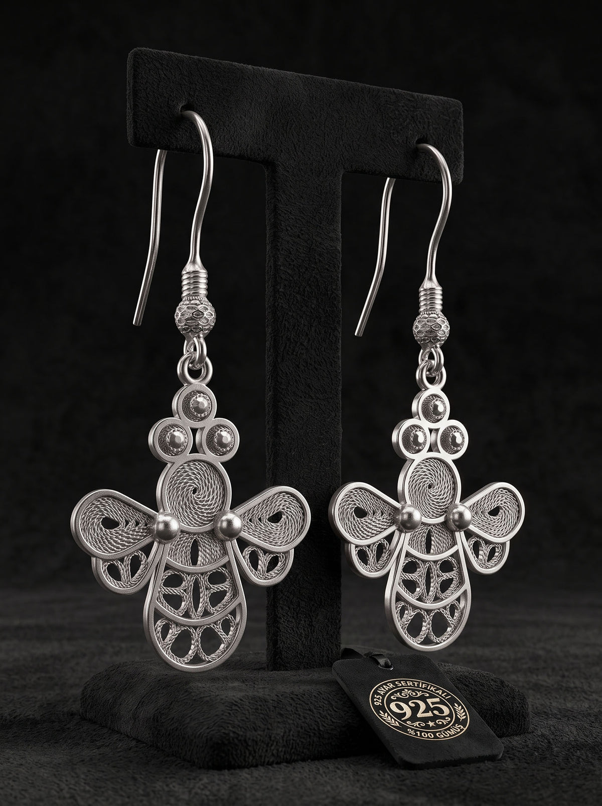 925 Sterling Silver Handcrafted Bee Filigree Dangle Earrings