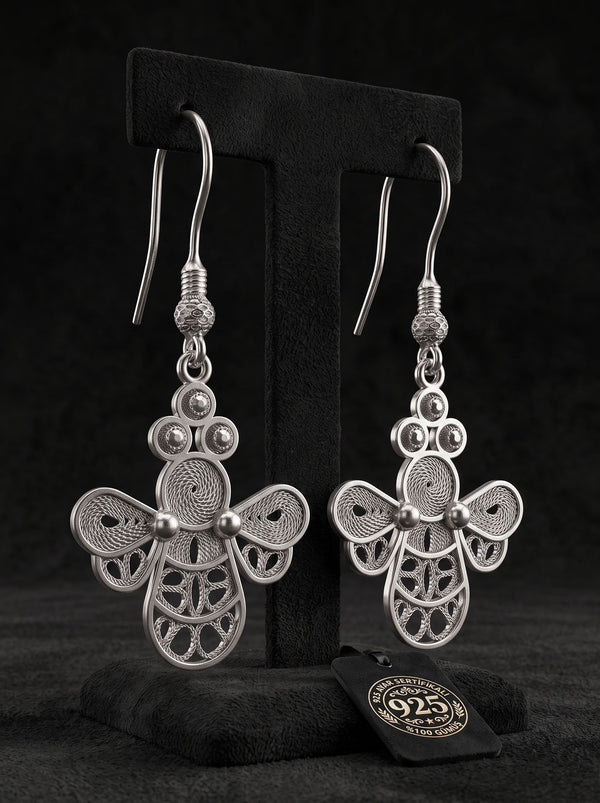 925 Sterling Silver Handcrafted Bee Filigree Dangle Earrings