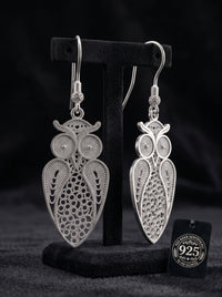 925 Sterling Silver Handcrafted Owl Filigree Dangle Earrings