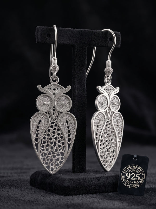 925 Sterling Silver Handcrafted Owl Filigree Dangle Earrings