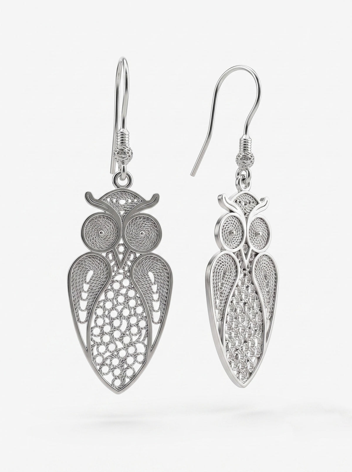 925 Sterling Silver Handcrafted Owl Filigree Dangle Earrings