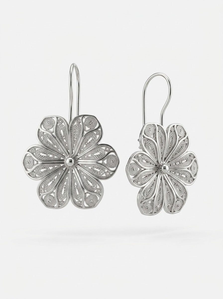Handgefertigte Blumen-Filigran-Hängeohrringe aus 925er Sterlingsilber