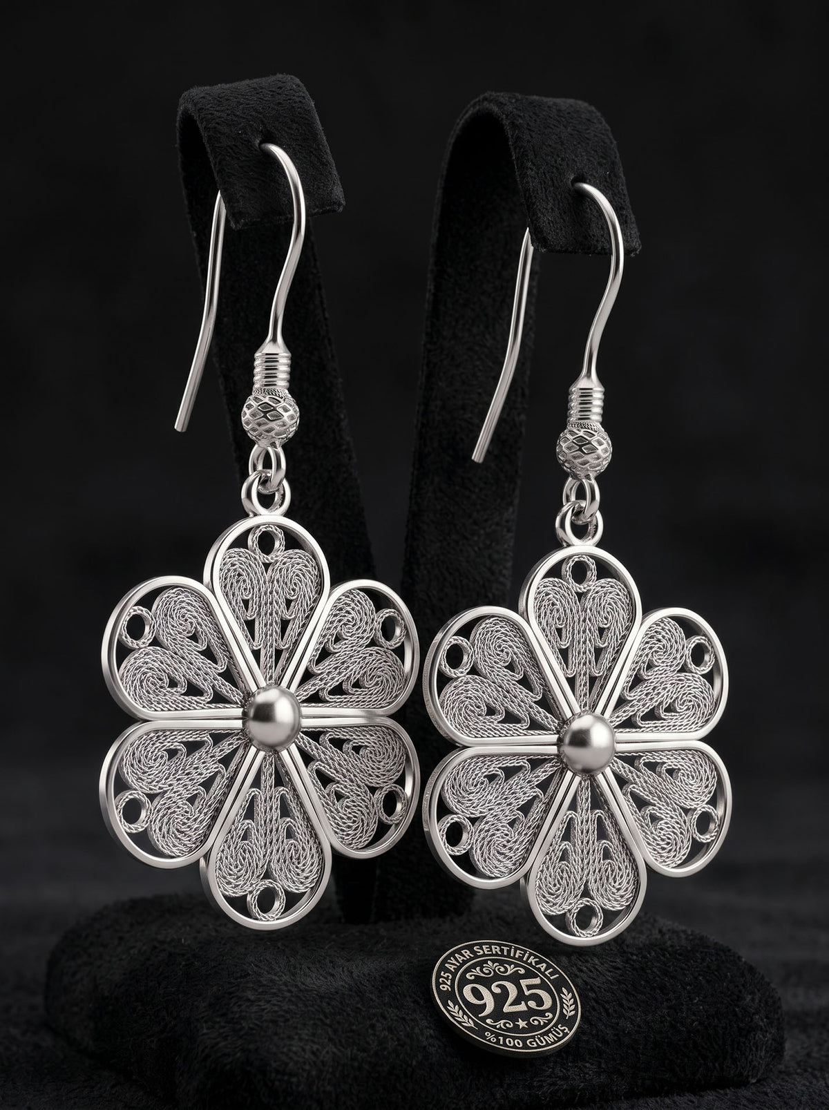 925 Sterling Silver Handcrafted Daisy Filigree Dangle Earrings