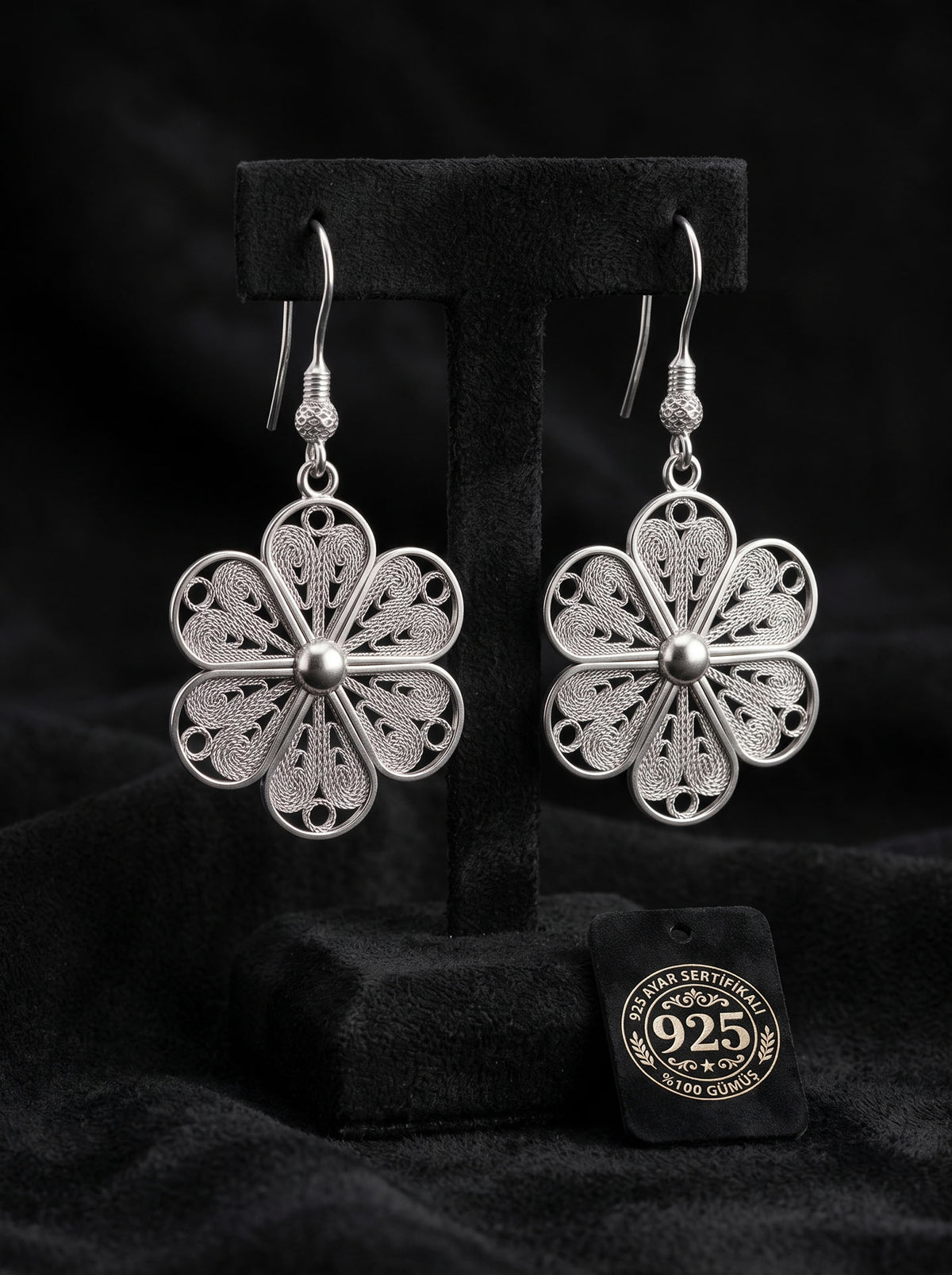 925 Sterling Silver Handcrafted Daisy Filigree Dangle Earrings