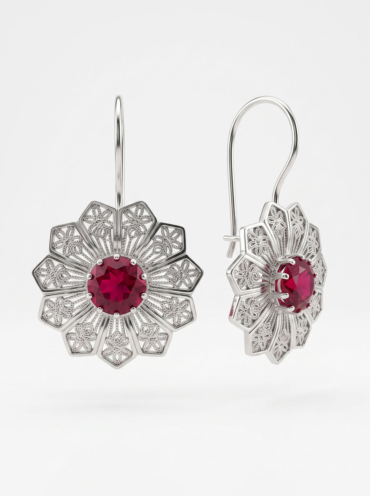 925 Sterling Silver Fuchsia Daisy Filigree Dangle Earrings