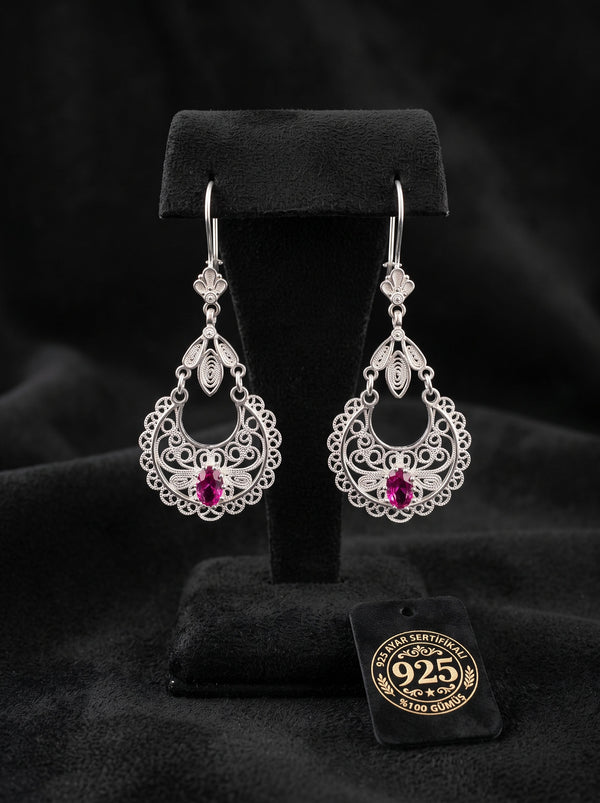 925 Silber Fuchsia Filigran Hängeohrringe
