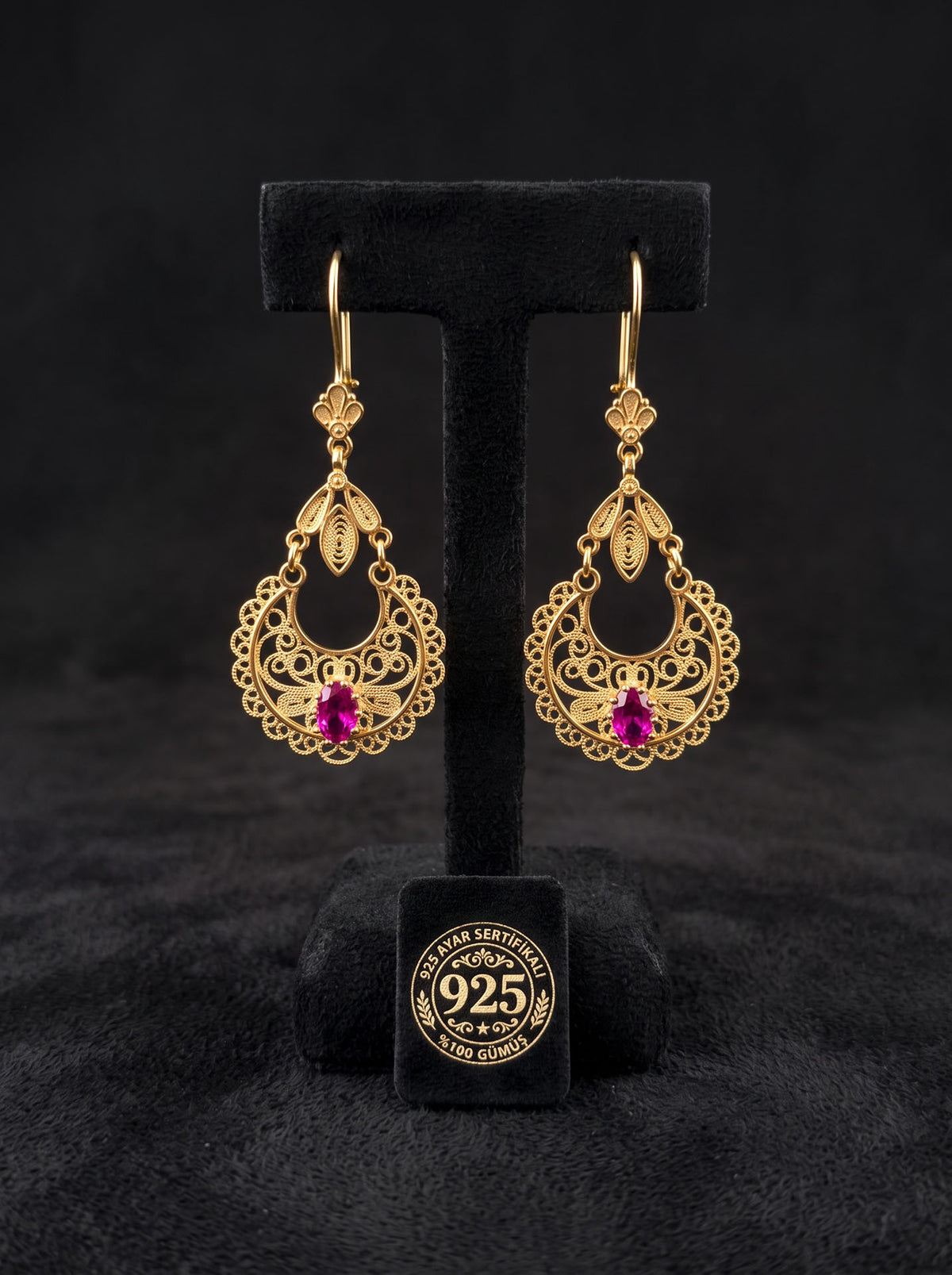 925 Silver Gold Plated Fuchsia Filigree Dangle Earrings