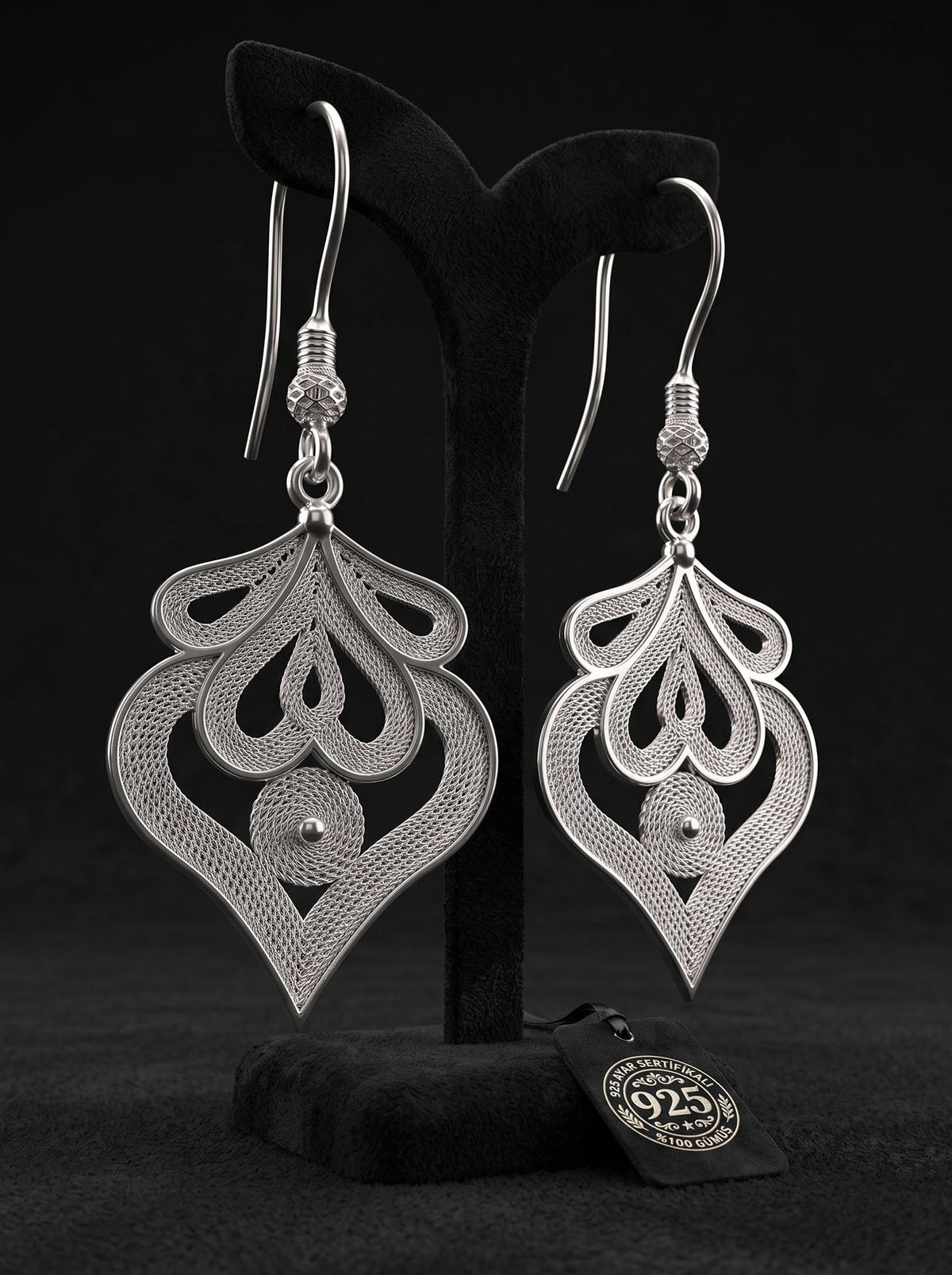 Boucles d'oreilles pendantes authentiques en argent sterling 925 avec motif tulipe en filigrane