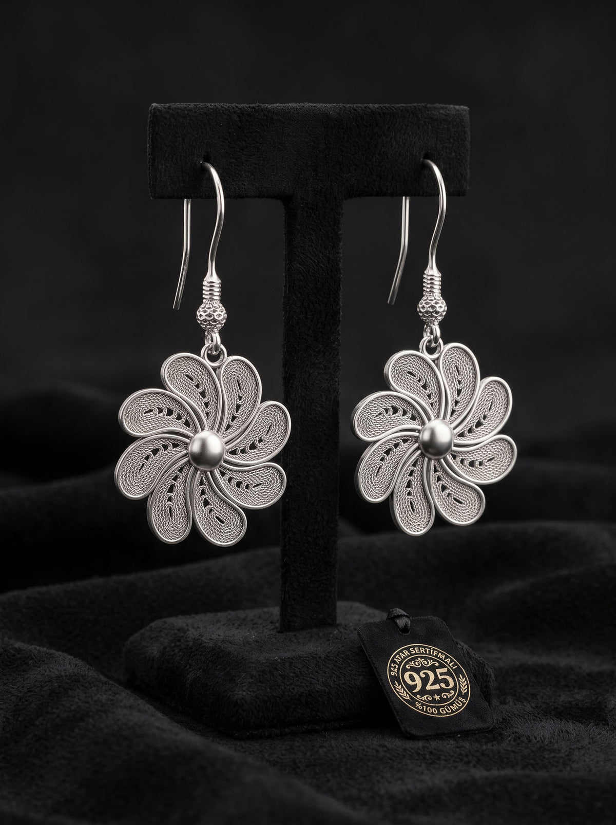 Boucles d'oreilles pendantes en argent sterling 925 motif rose des vents en filigrane - L
