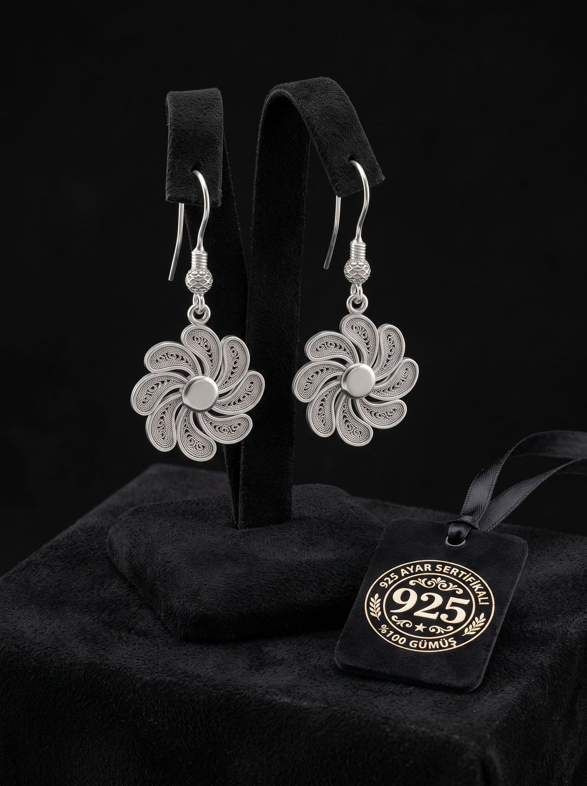 Small 925 Sterling Silver Pinwheel Filigree Dangle Earrings