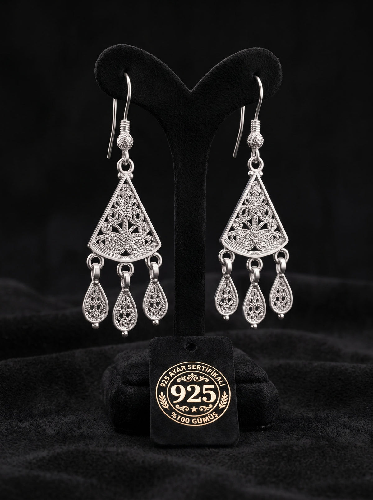 925 Sterling Silver Triangle Filigree Dangle Earrings