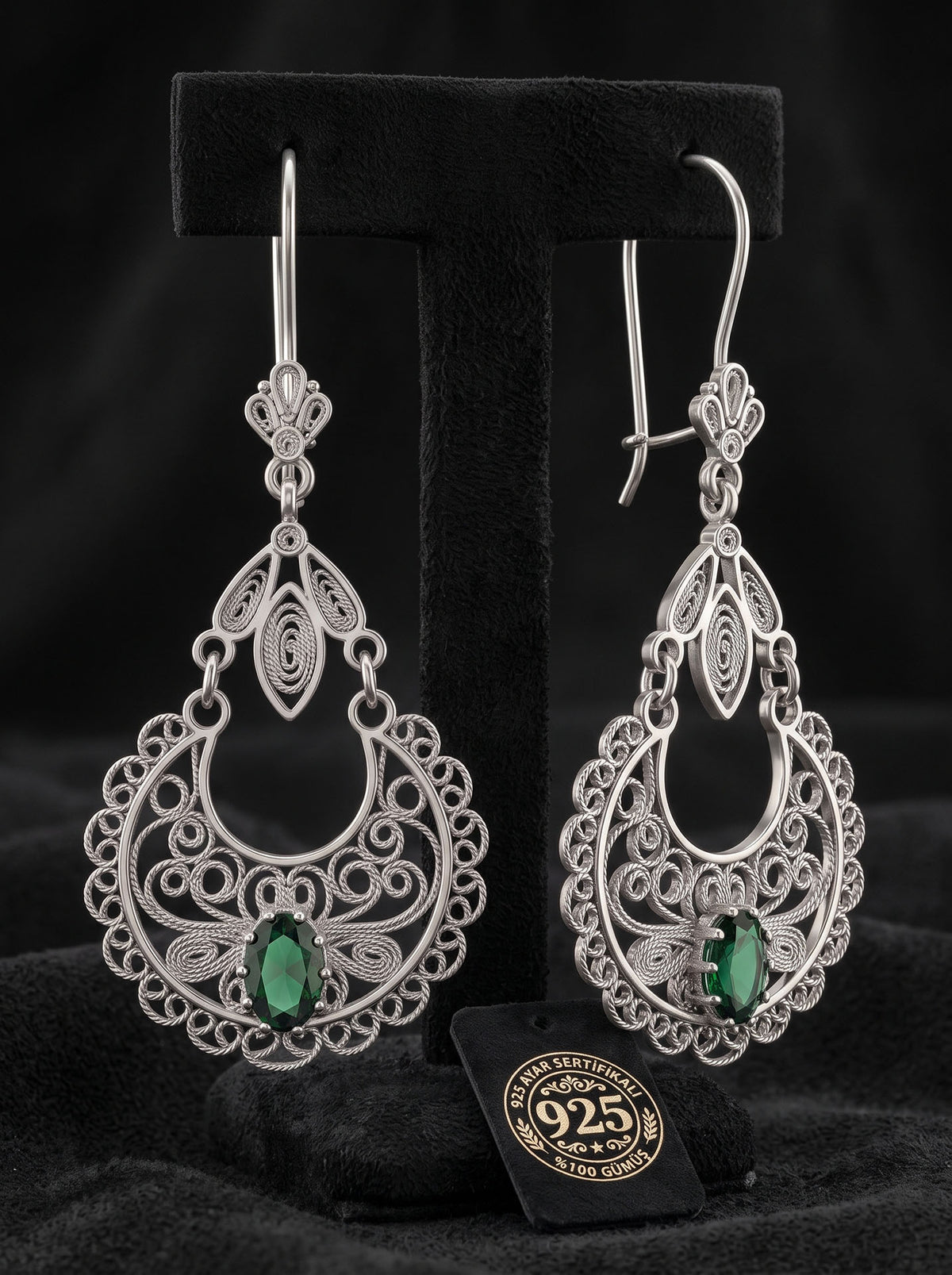 925 Sterling Silber smaragdgrüne filigrane Hängeohrringe