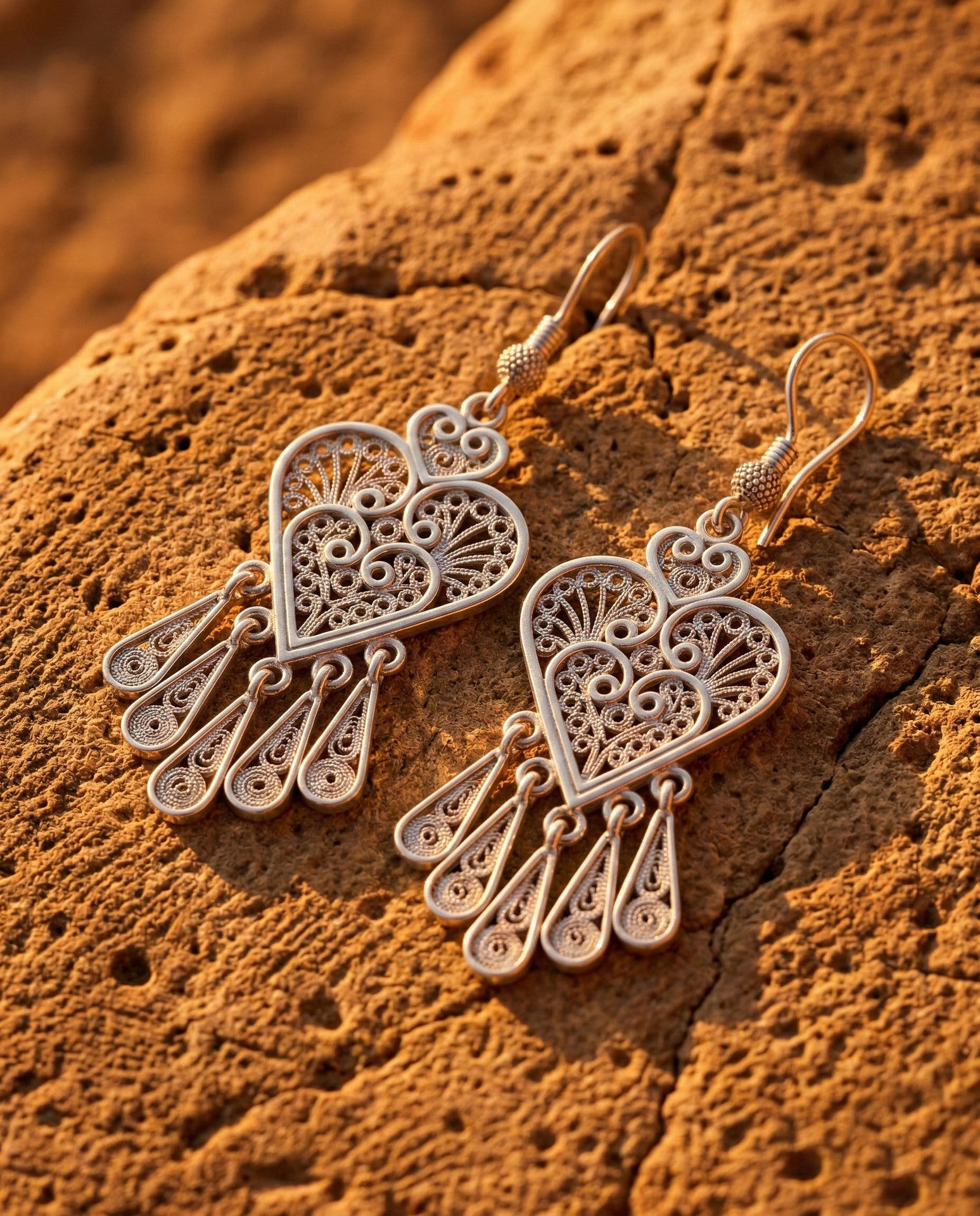 925 Sterling Silver Traditional Filigree Heart Earrings - Droplet Tassel Dangle Handmade